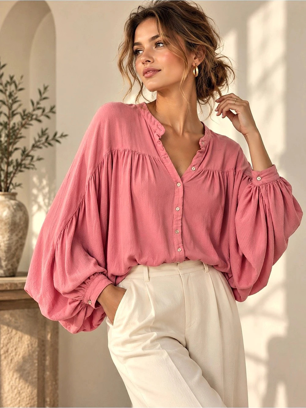 Zara Oversized Batwing Long Statement Sleeve Cropped Blouse in Dusty Rose Pink